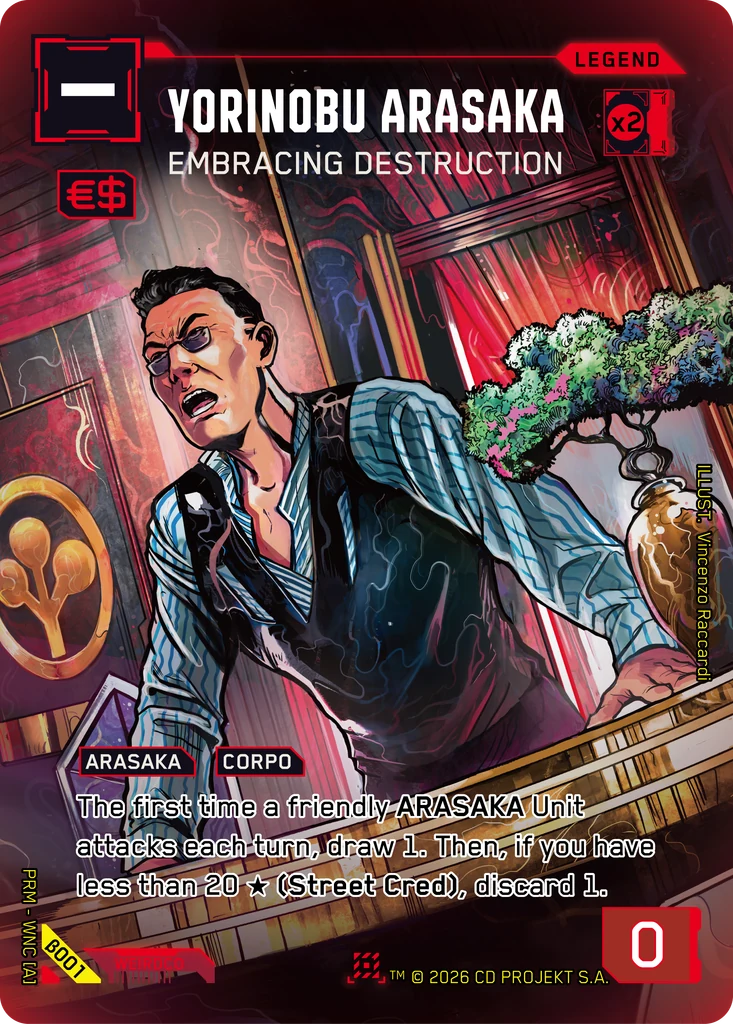 Yorinobu Arasaka, Embracing Destruction β001 Foil Cyberpunk TCG card
