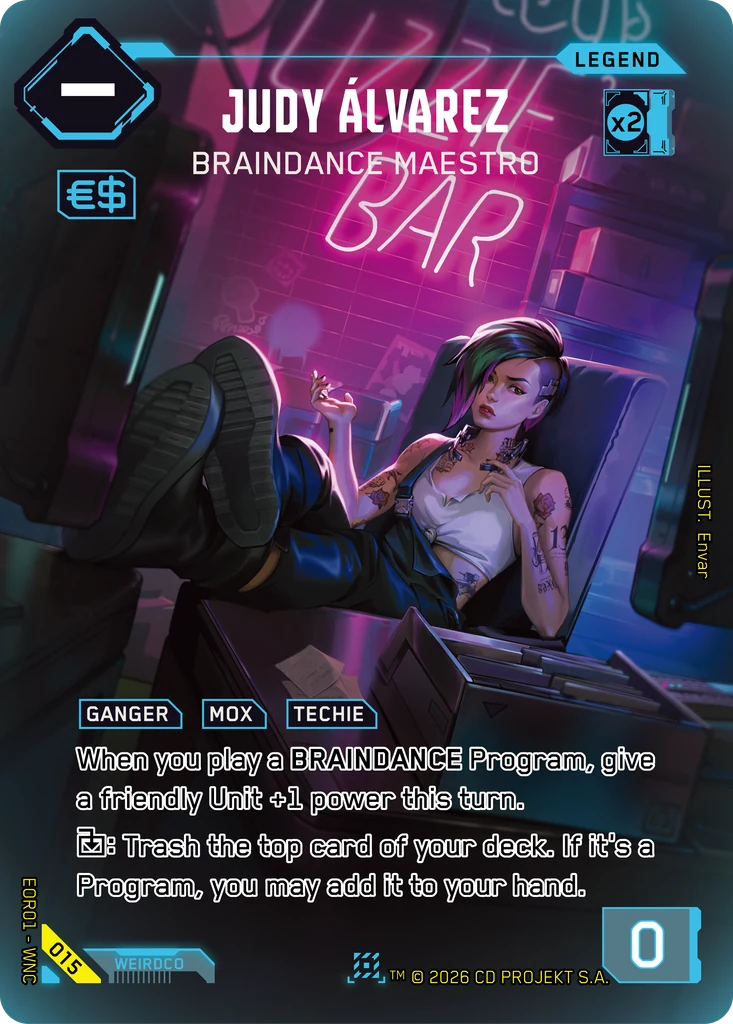 Judy Álvarez, Braindance Maestro 015 Foil Cyberpunk TCG card