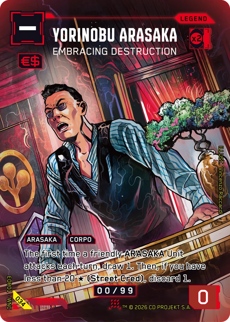 Yorinobu Arasaka, Embracing Destruction 034 Foil Cyberpunk TCG card