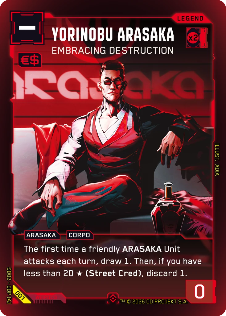 Yorinobu Arasaka, Embracing Destruction 001 Foil Cyberpunk TCG card