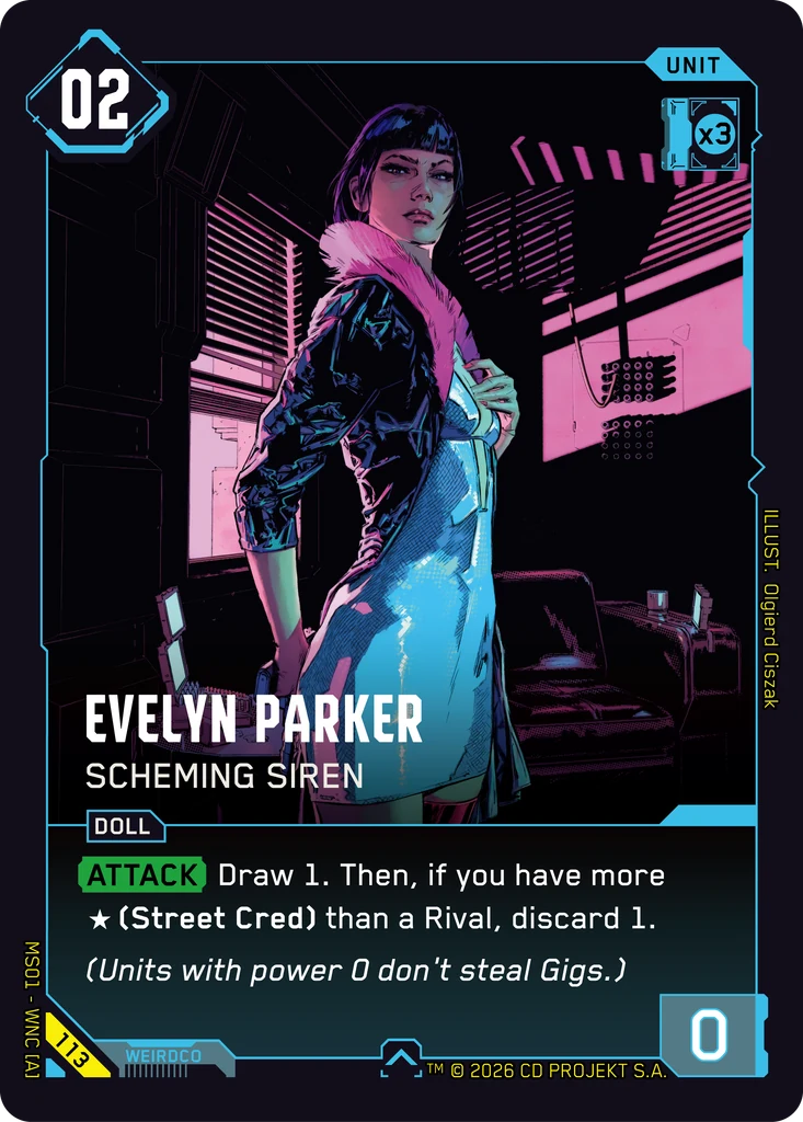 Evelyn Parker, Scheming Siren 113 Normal Cyberpunk TCG card