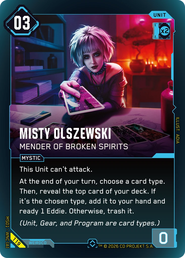Misty Olszewski, Mender of Broken Spirits 119 Foil Cyberpunk TCG card