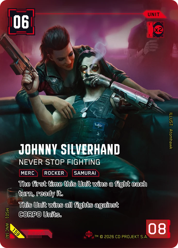 Johnny Silverhand, Never Stop Fighting 159 Foil Cyberpunk TCG card