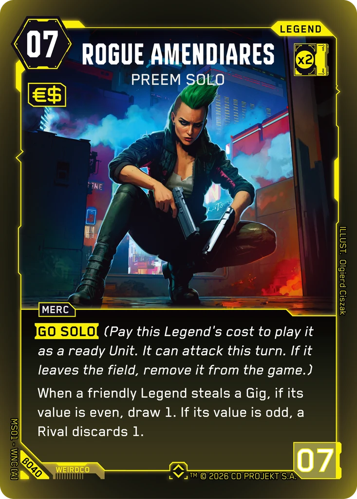 Rogue Amendiares, Preem Solo β040 Foil Cyberpunk TCG card