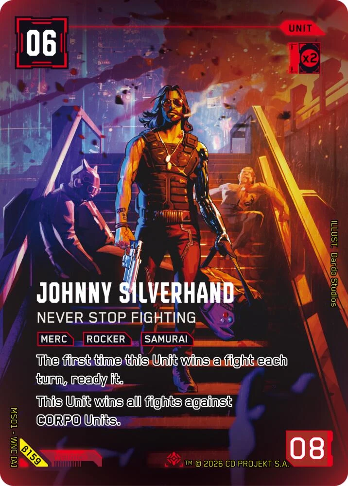 Johnny Silverhand, Never Stop Fighting β159 Foil Cyberpunk TCG card