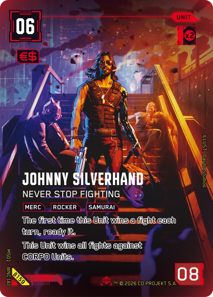 Johnny Silverhand, Never Stop Fighting β159 Foil Cyberpunk TCG card