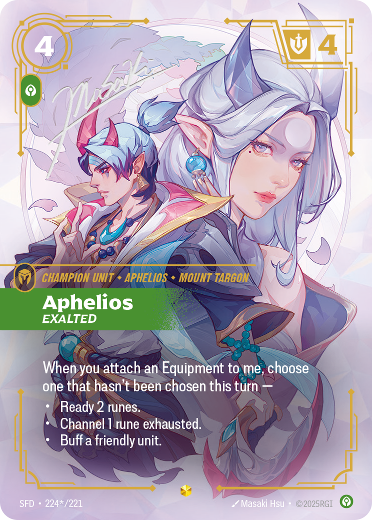 Aphelios, Exalted SFD-224*/221 Signed Riftbound card