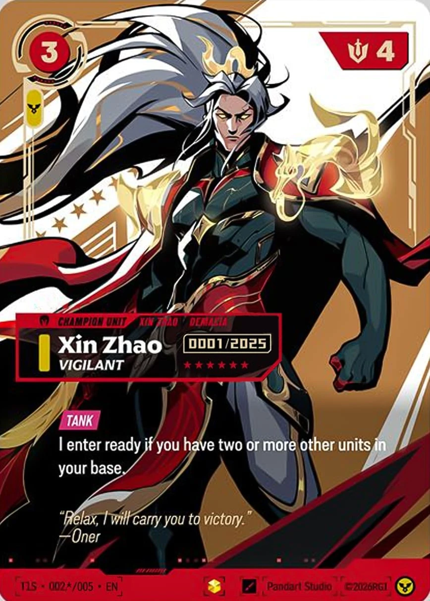 Xin Zhao, Vigilant T1S-002*/005 Signed Riftbound card