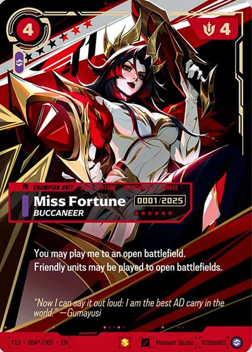 Miss Fortune, Buccaneer T1S-004*/005 Signed Riftbound card