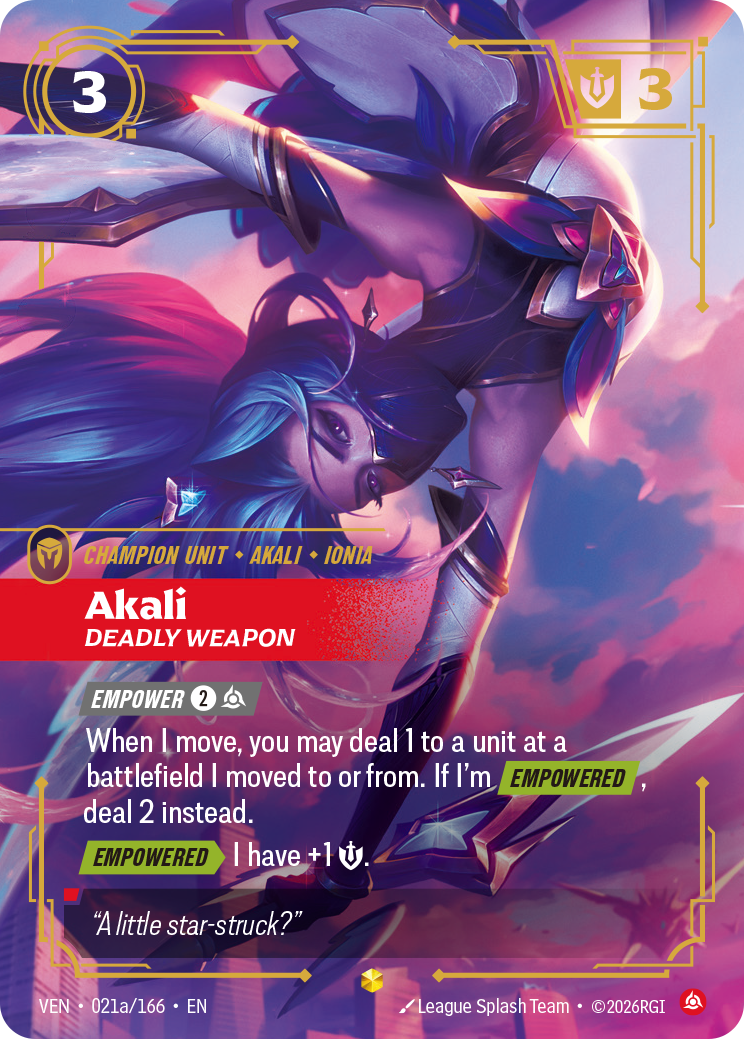 Akali, Deadly Weapon VEN-021a/166 Alternate Art Riftbound card