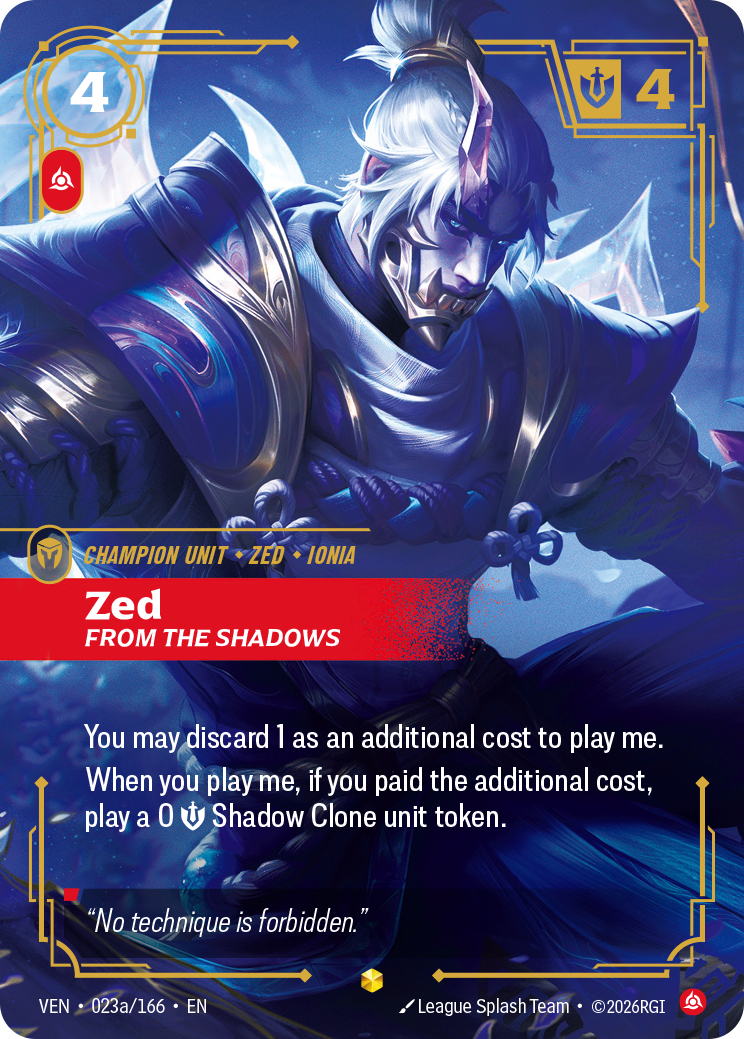 Zed, From the Shadows VEN-023a/166 Alternate Art Riftbound card