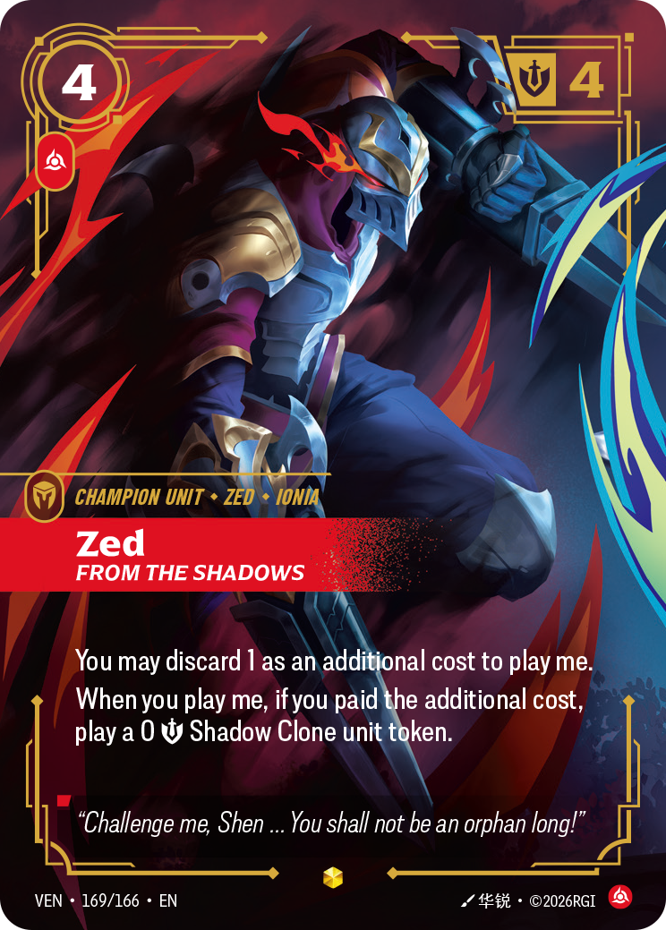 Zed, From the Shadows VEN-169/166 Alternate Art Riftbound card